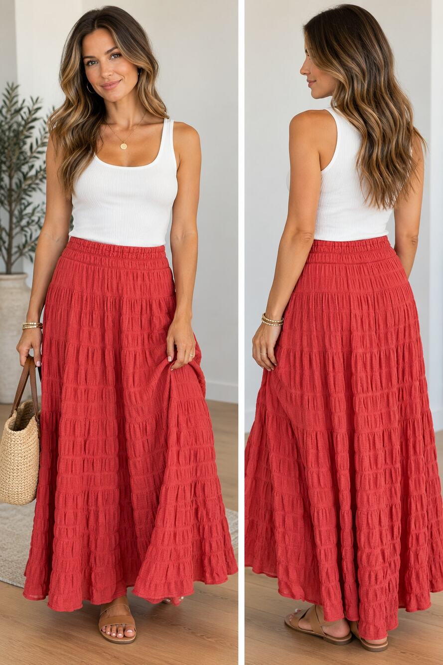 Max Studio Textured Tiered Crinkle Maxi Skirt Terracotta Red Coral-Boho/Peasant